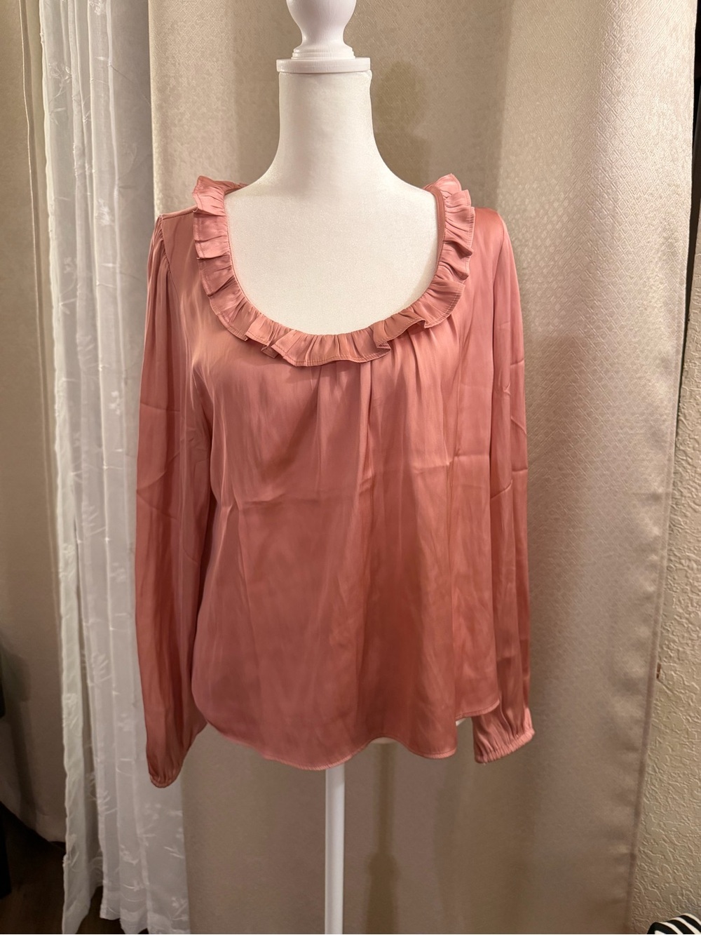 J. Crew Ruffle Scoop-Neck Long-Sleeve Blouse in Dusty Rose